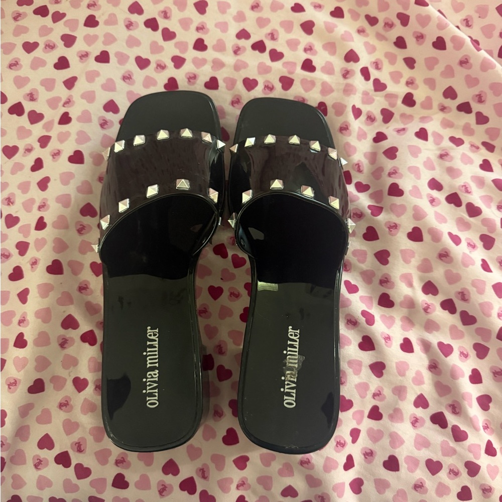 Olivia Miller Black Slides with Silver Accents